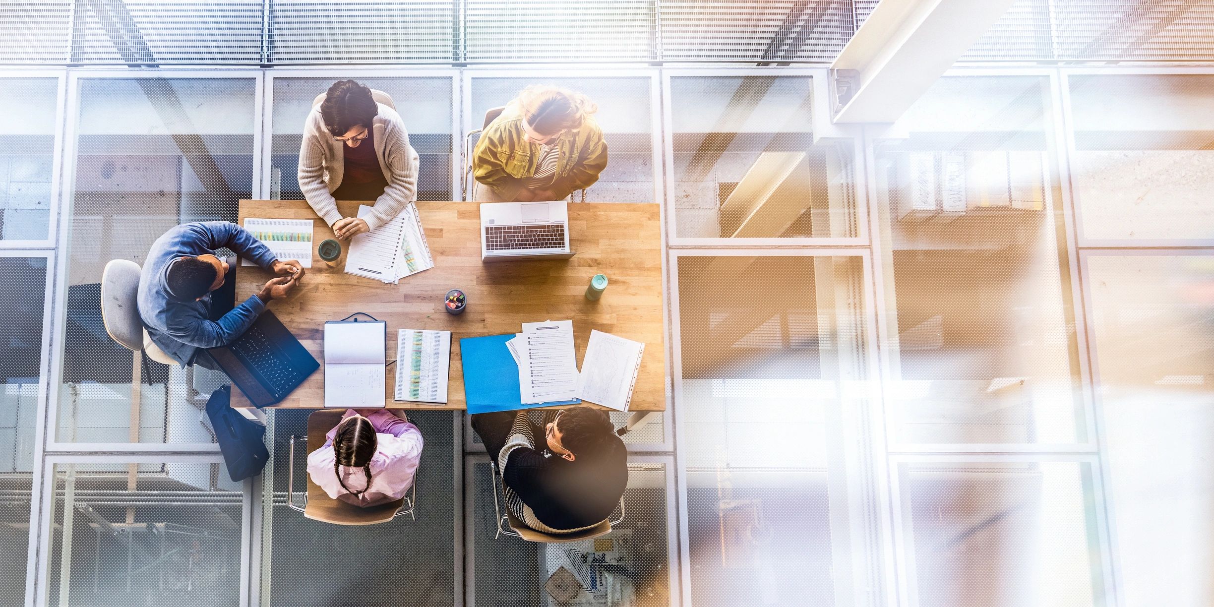 Marketing team collaborating in a modern office